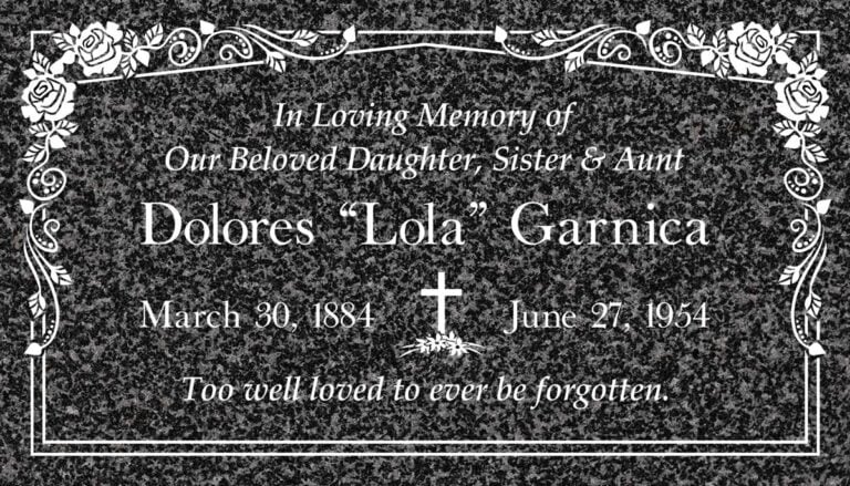 Oxford gray granite memorial with rose vine border and cross design at Oakdale Memorial Park in Glendora.