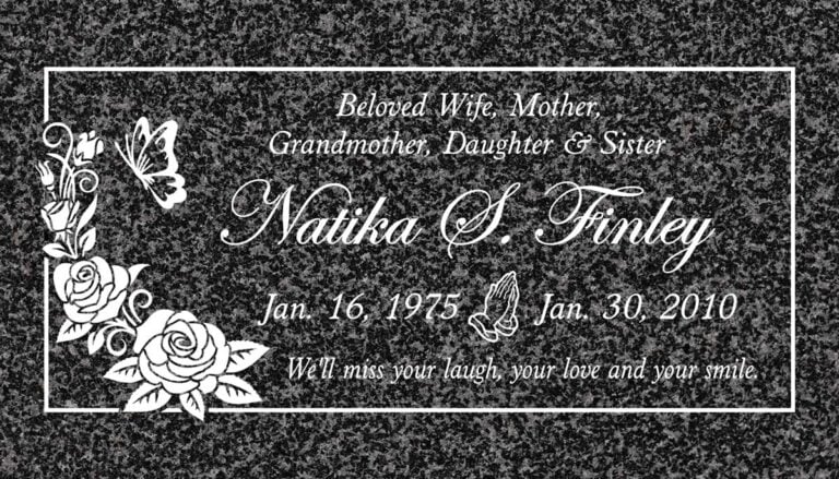 Oxford gray granite memorial with roses and butterfly design at Oakdale Memorial Park in Glendora.
