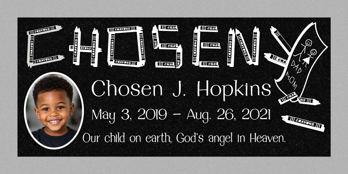 Crayon Name & Family Drawing in Black Granite