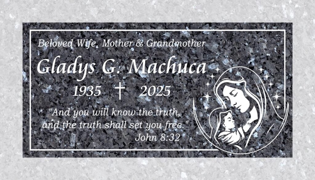 Virgin Mary & Child with Stars in Blue Pearl Granite
