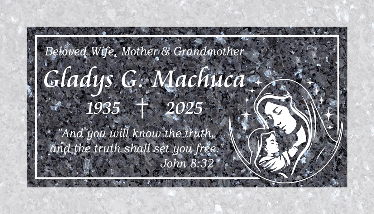Virgin Mary & Child with Stars in Blue Pearl Granite