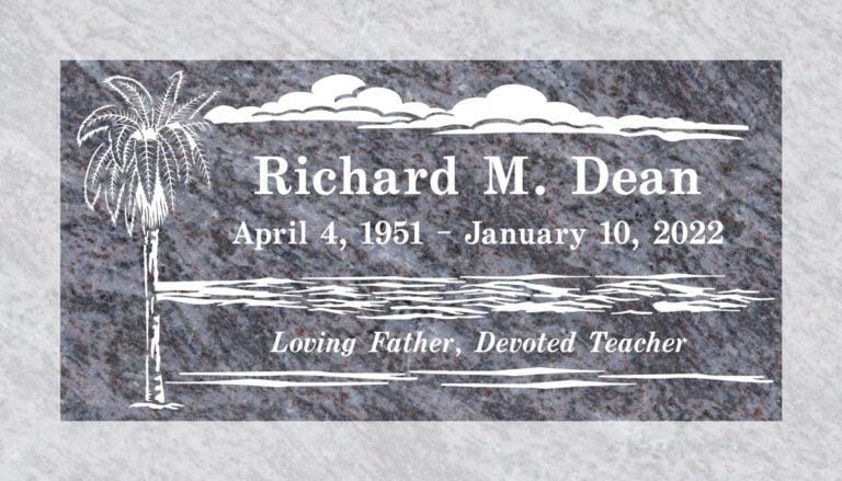 Palm Tree, Clouds & Shoreline in Bahama Blue Granite