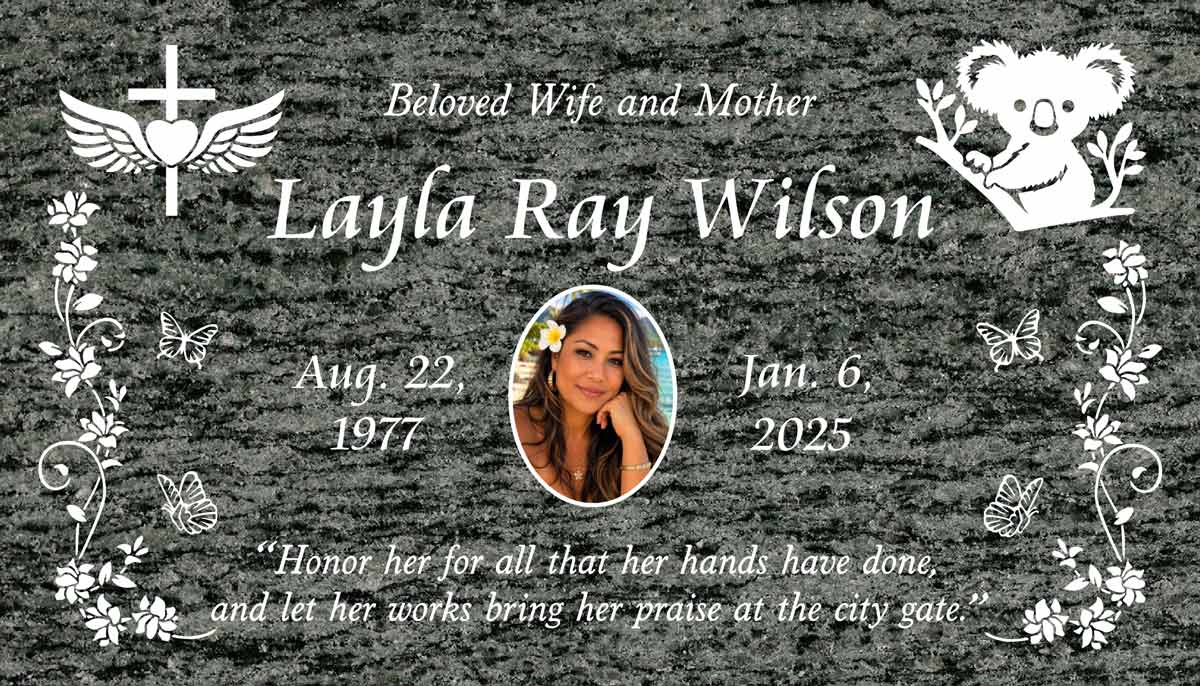 Winged Heart Cross & Koala with Color Portrait in Sage Green Granite