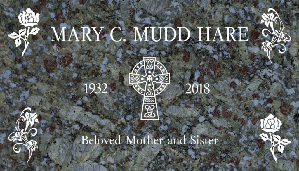 Celtic Cross with Roses & Lilies in Butterfly Blue Granite