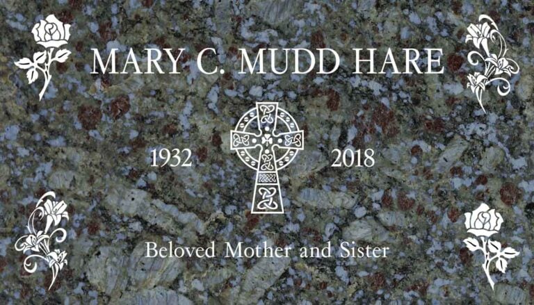 Celtic Cross with Roses & Lilies in Butterfly Blue Granite