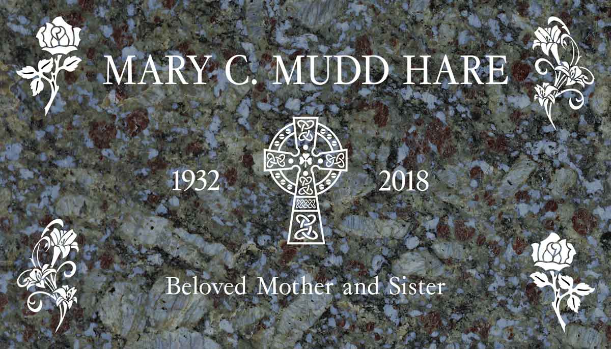 Celtic Cross with Roses & Lilies in Butterfly Blue Granite