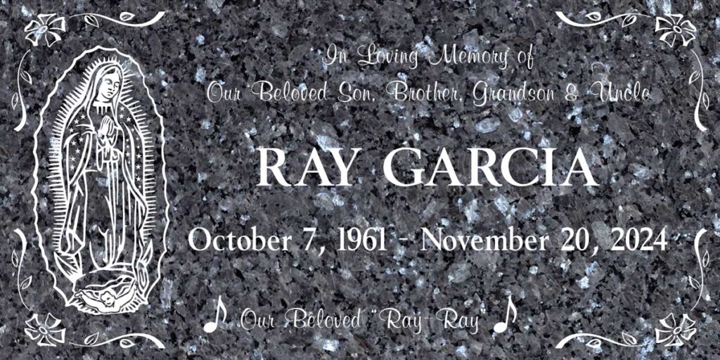 Our Lady of Guadalupe with Music Notes in Blue Pearl Granite