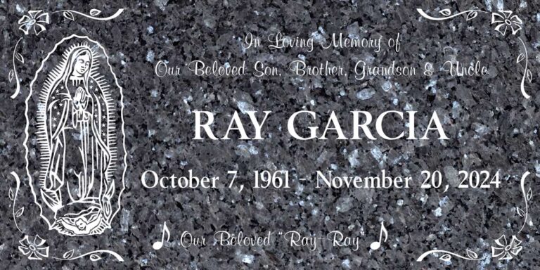 Our Lady of Guadalupe with Music Notes in Blue Pearl Granite
