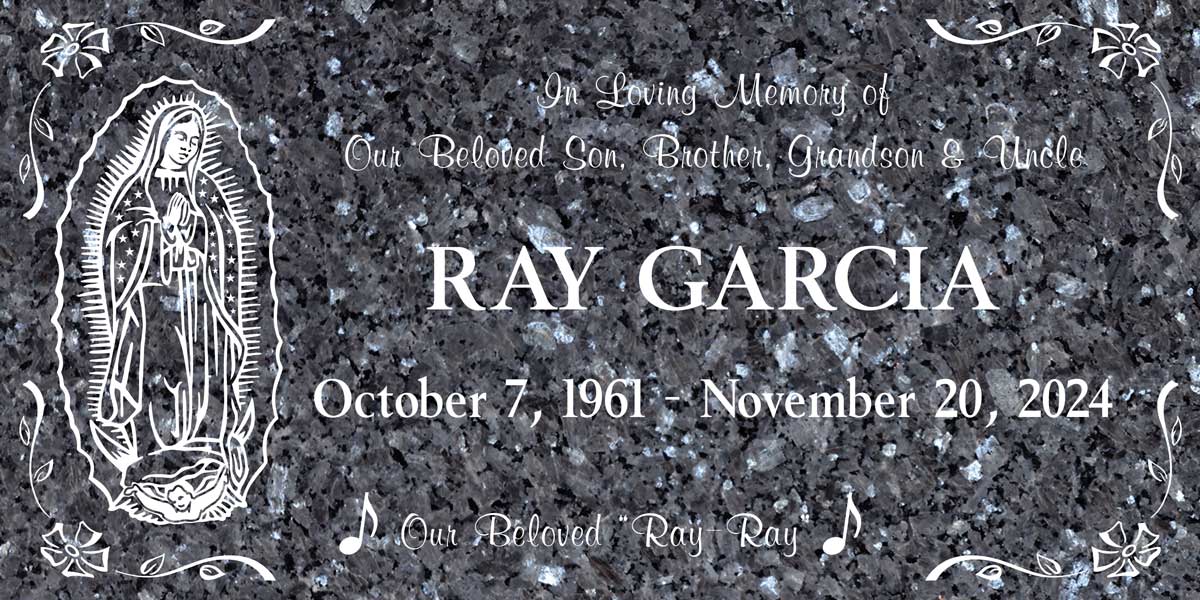 Our Lady of Guadalupe with Music Notes in Blue Pearl Granite