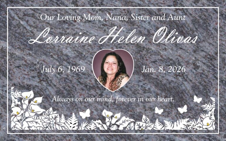 Bahama Blue granite flat marker with calla lilies, butterflies and heart shaped color portrait at Live Oak Memorial Park in Monrovia