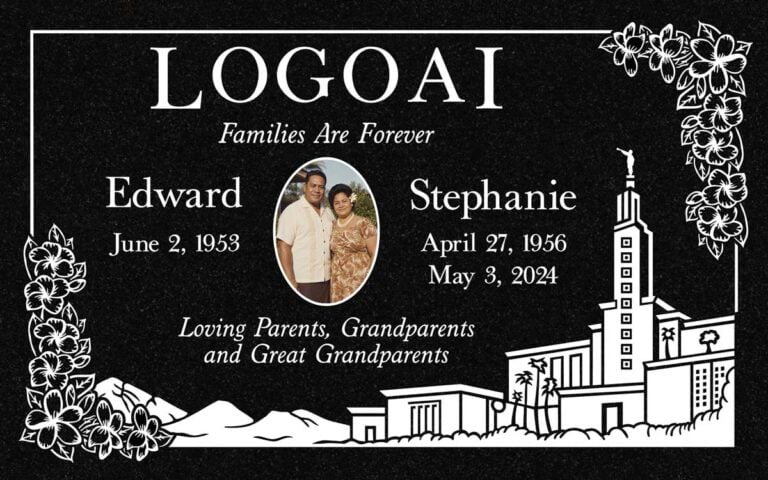 Companion flat marker with LDS temple and island flowers engraving and color portrait at Live Oak Memorial Park in Monrovia