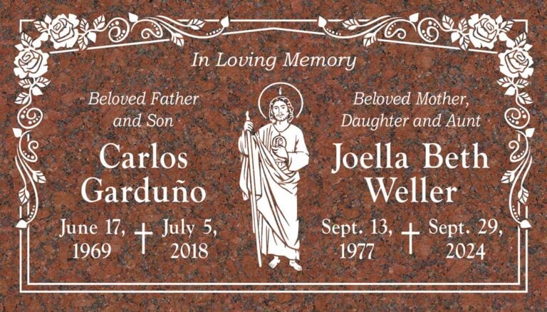 Companion flat marker with St. Jude figure and rose border at Live Oak Memorial Park in Monrovia