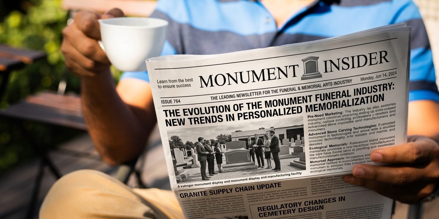Reading a monument industry newspaper over coffee