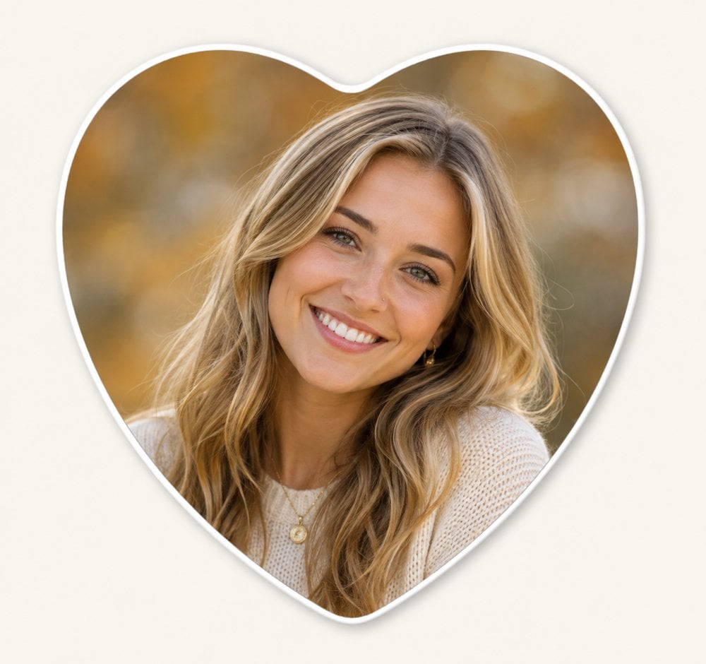 Heart shaped porcelain memorial portrait of a young woman in full color