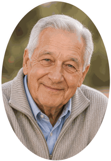Free 3 by 4 inch premium steel porcelain color portrait of a grandfather, included with an adult headstone at Bellevue Memorial Park in Ontario, California