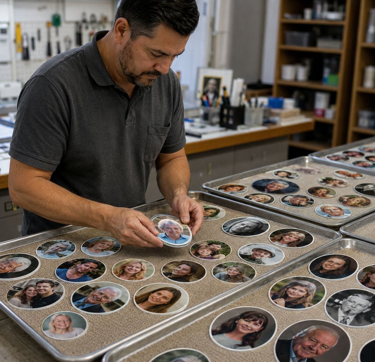 Craftsman inspecting trays of finished porcelain memorial portraits one at a time