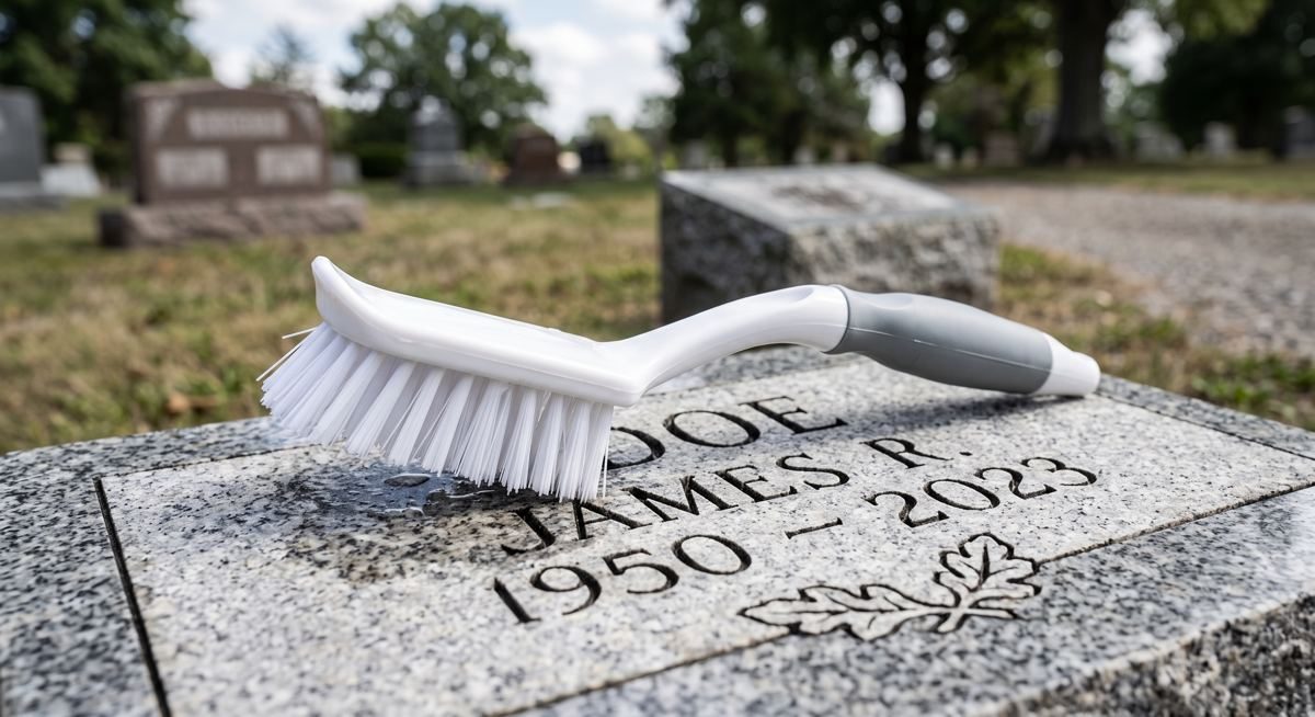 White scrub brush used to clean a granite headstone