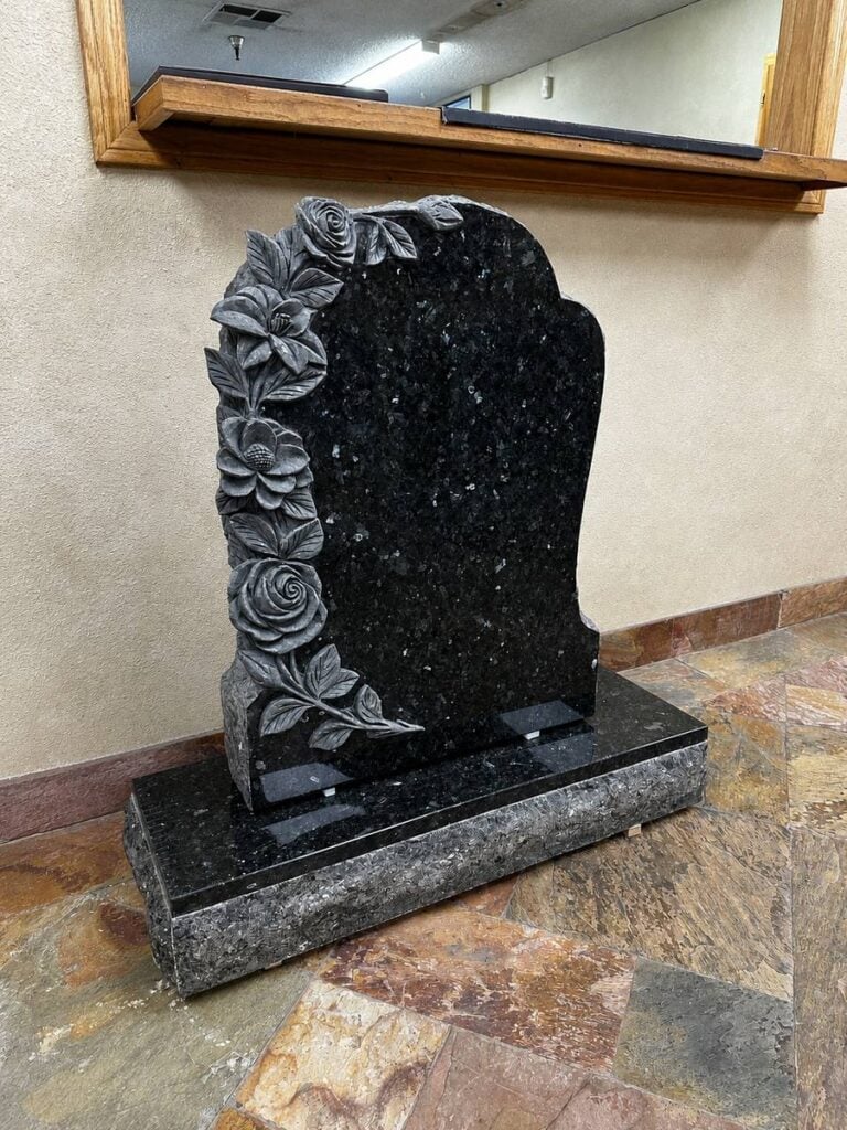 Monument with Carved Roses & Vines in Blue Pearl Granite
