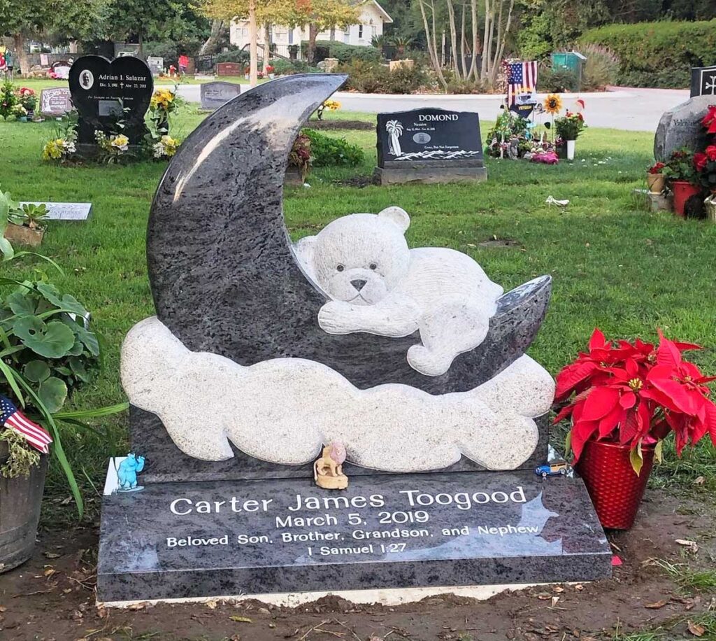 Bahama Blue granite upright monument with sculpted crescent moon & teddy bear, Carter family, Oak Park Cemetery