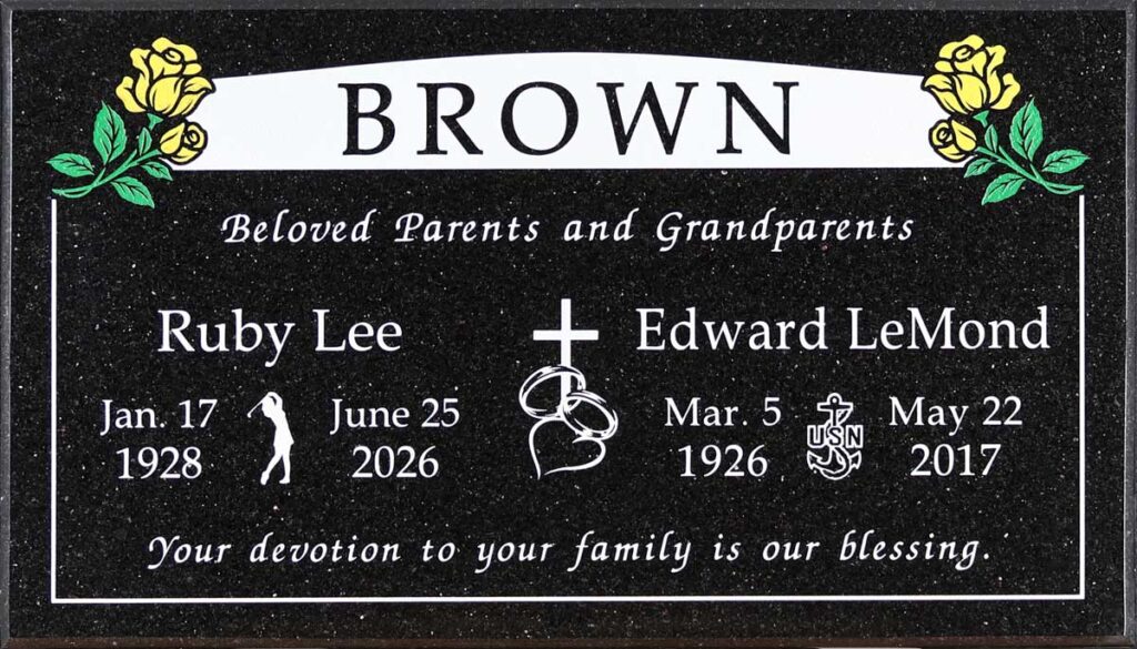 Galaxy Black granite companion gravestone with marker with roses, rings & navy emblem, Oak Park Cemetery
