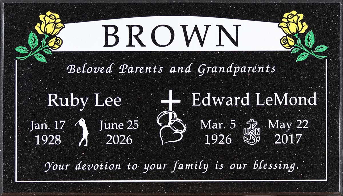 Galaxy Black granite companion gravestone with marker with roses, rings & navy emblem, Oak Park Cemetery