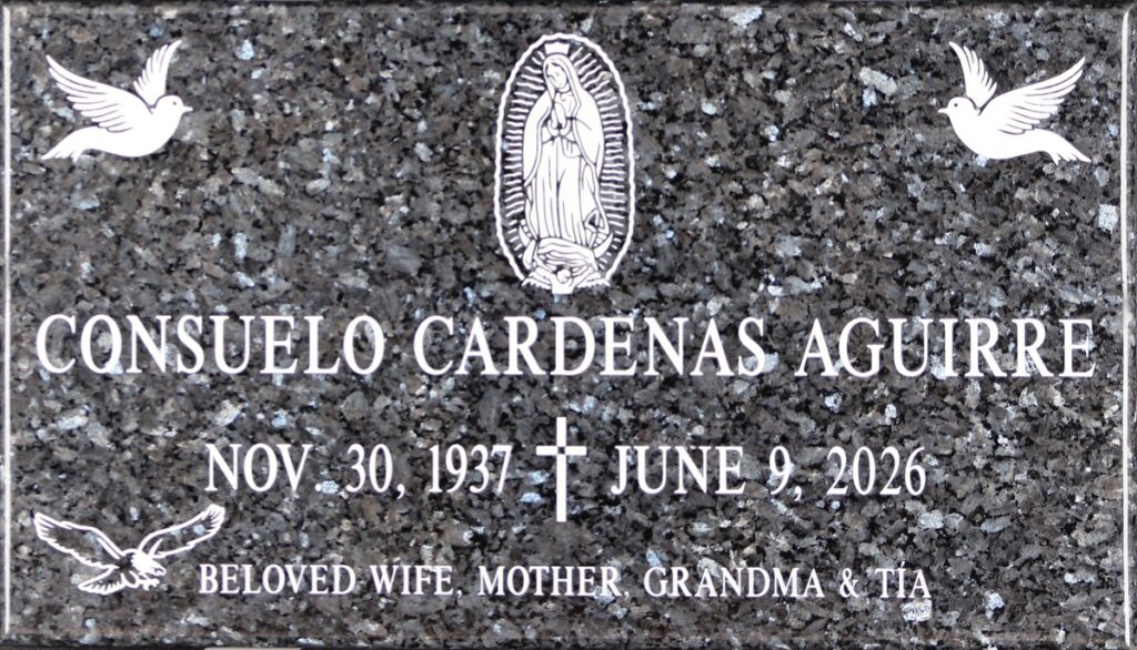 Blue Pearl granite headstone with guadalupe and doves, Aguirre family, Holy Cross Cemetery