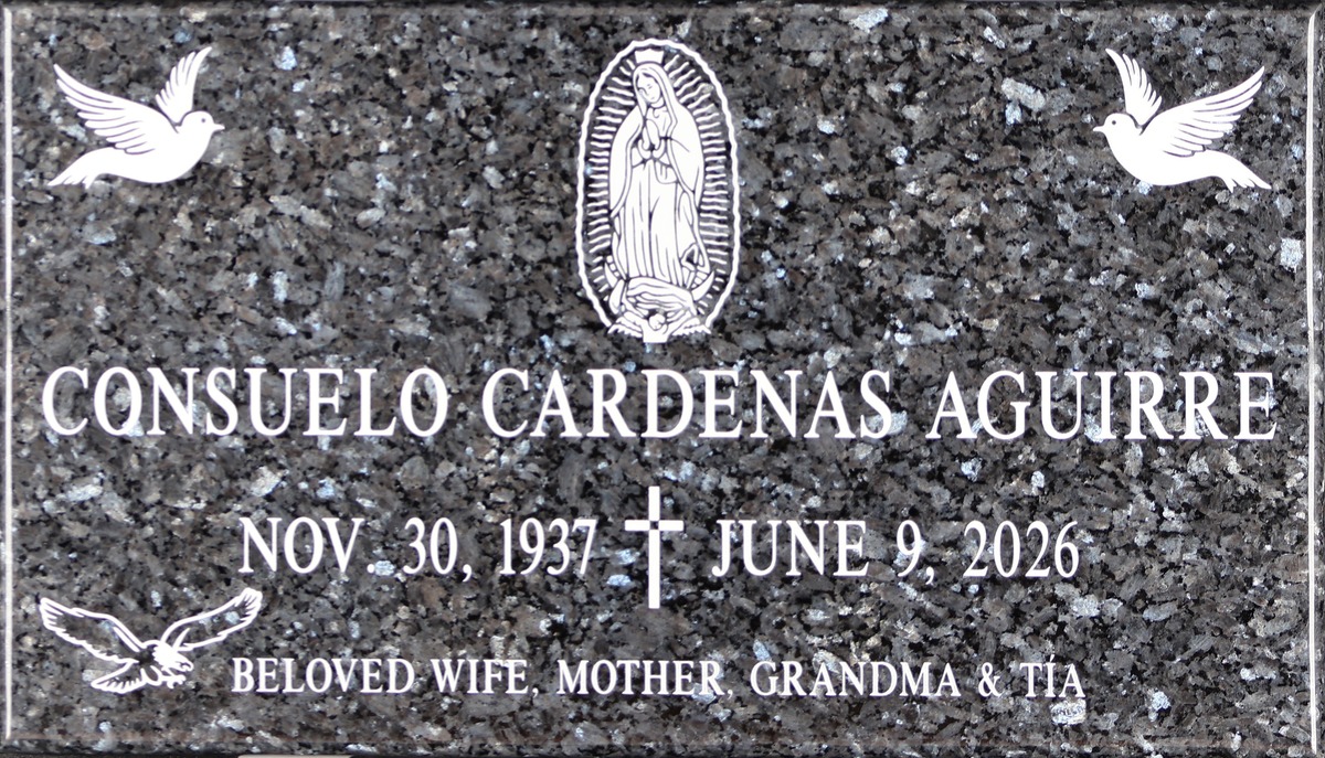 Blue Pearl granite headstone with guadalupe and doves, Aguirre family, Holy Cross Cemetery