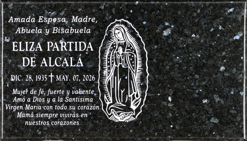 Emerald Pearl granite companion grave memorial with guadalupe and cross, Alcala family, Holy Cross Cemetery