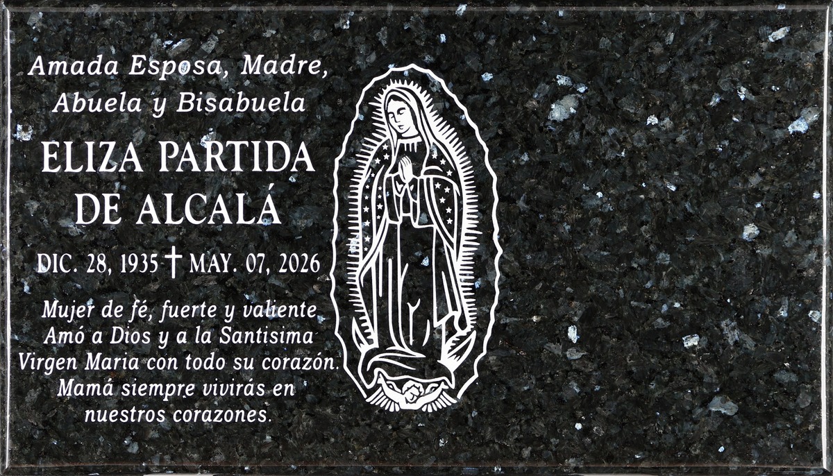 Emerald Pearl granite companion grave memorial with guadalupe and cross, Alcala family, Holy Cross Cemetery