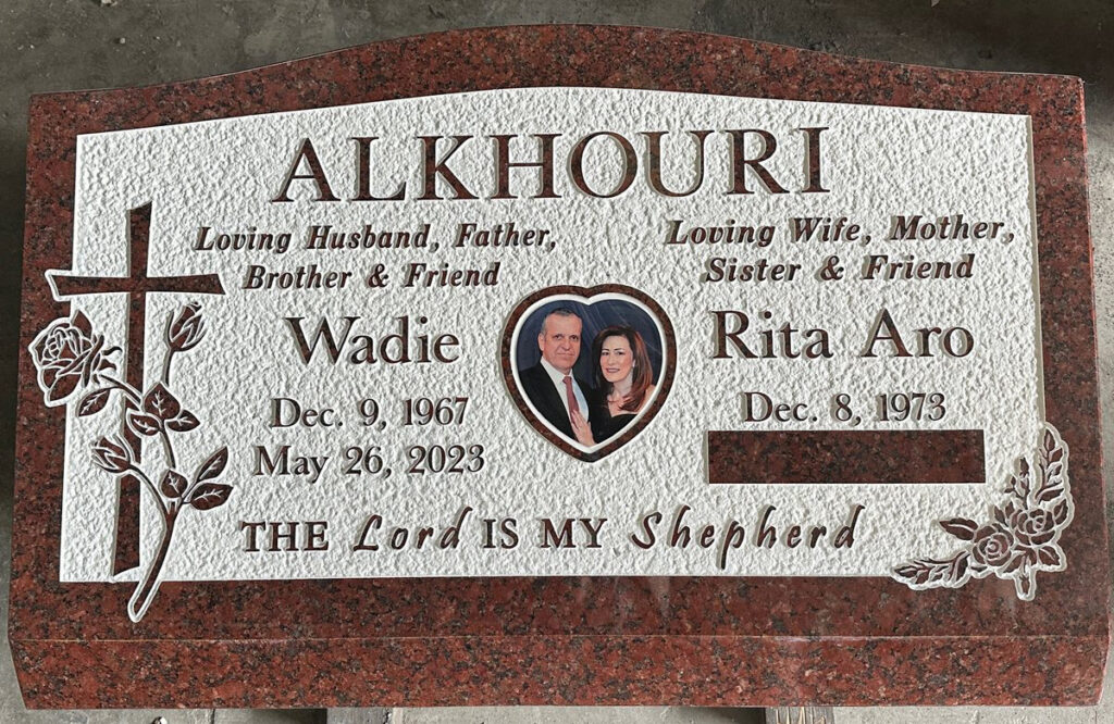 Puritan Rose granite companion slant memorial with cross roses portrait, Alkhouri family, Oak Park Cemetery