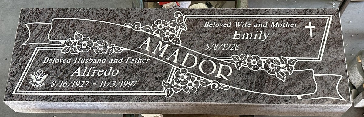 Bahama Blue granite companion memorial with flowers and ribbon, Amador family, Rose Hills Memorial Park