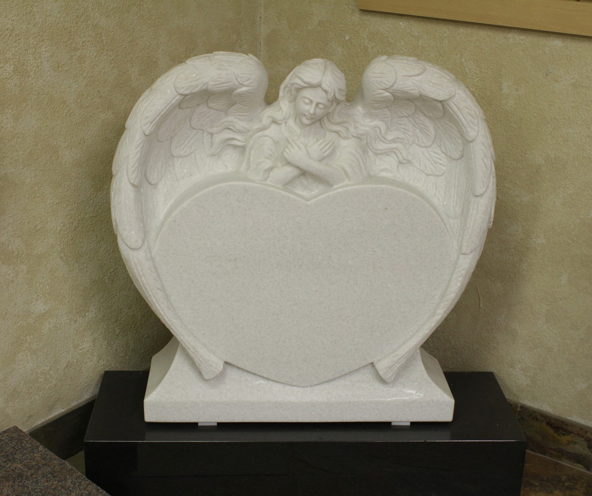 White Marble upright monument with angel wings heart