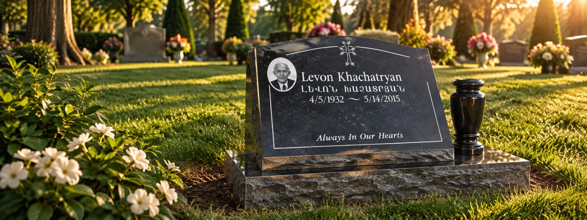 Black granite upright headstone engraved in English and Armenian with a porcelain portrait, an Armenian cross and a matching granite vase, set in a lawn cemetery at sunset