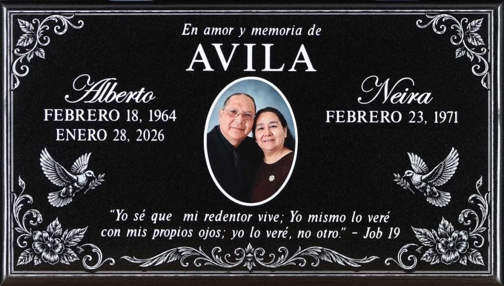 Black granite companion memorial marker with doves and floral border, Avila family, Santa Ana Cemetery