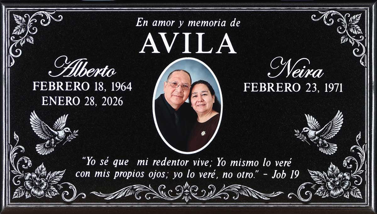 Black granite companion memorial marker with doves and floral border, Avila family, Santa Ana Cemetery