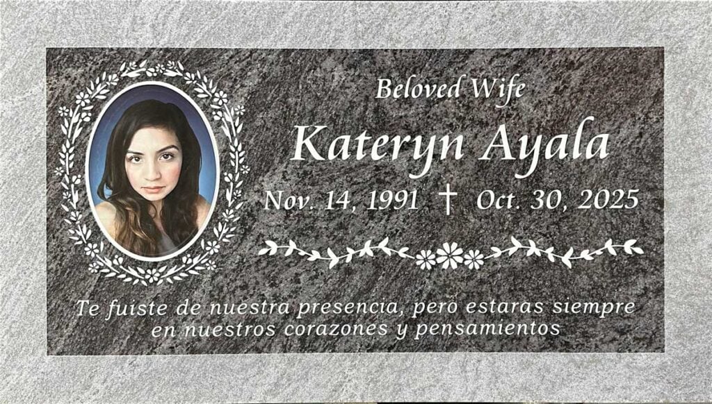 Paradiso granite grave marker with floral portrait, Ayala family, Pomona Valley Memorial Park