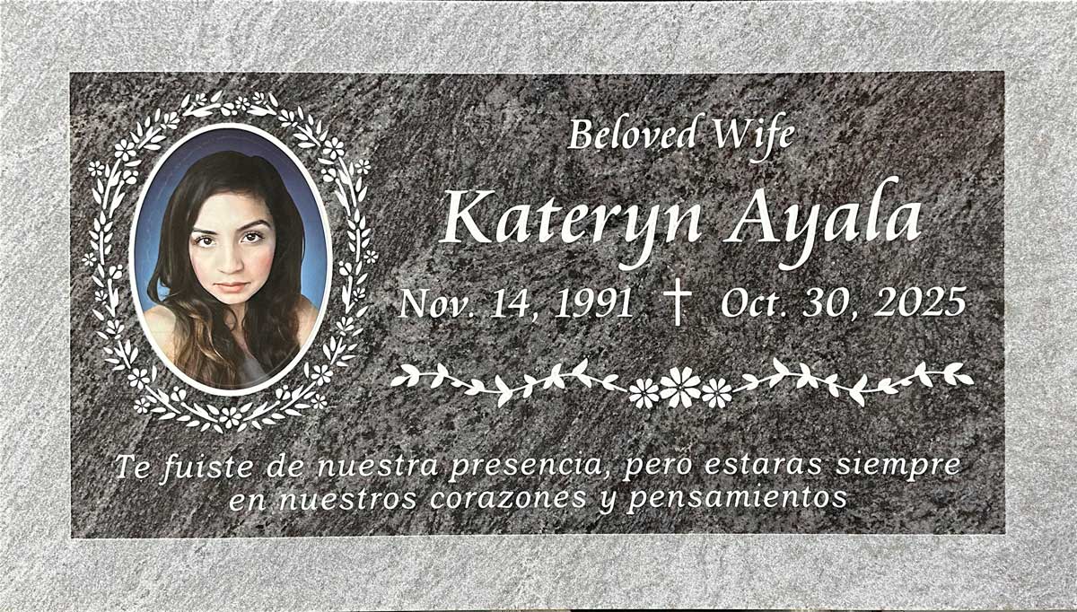 Paradiso granite grave marker with floral portrait, Ayala family, Pomona Valley Memorial Park