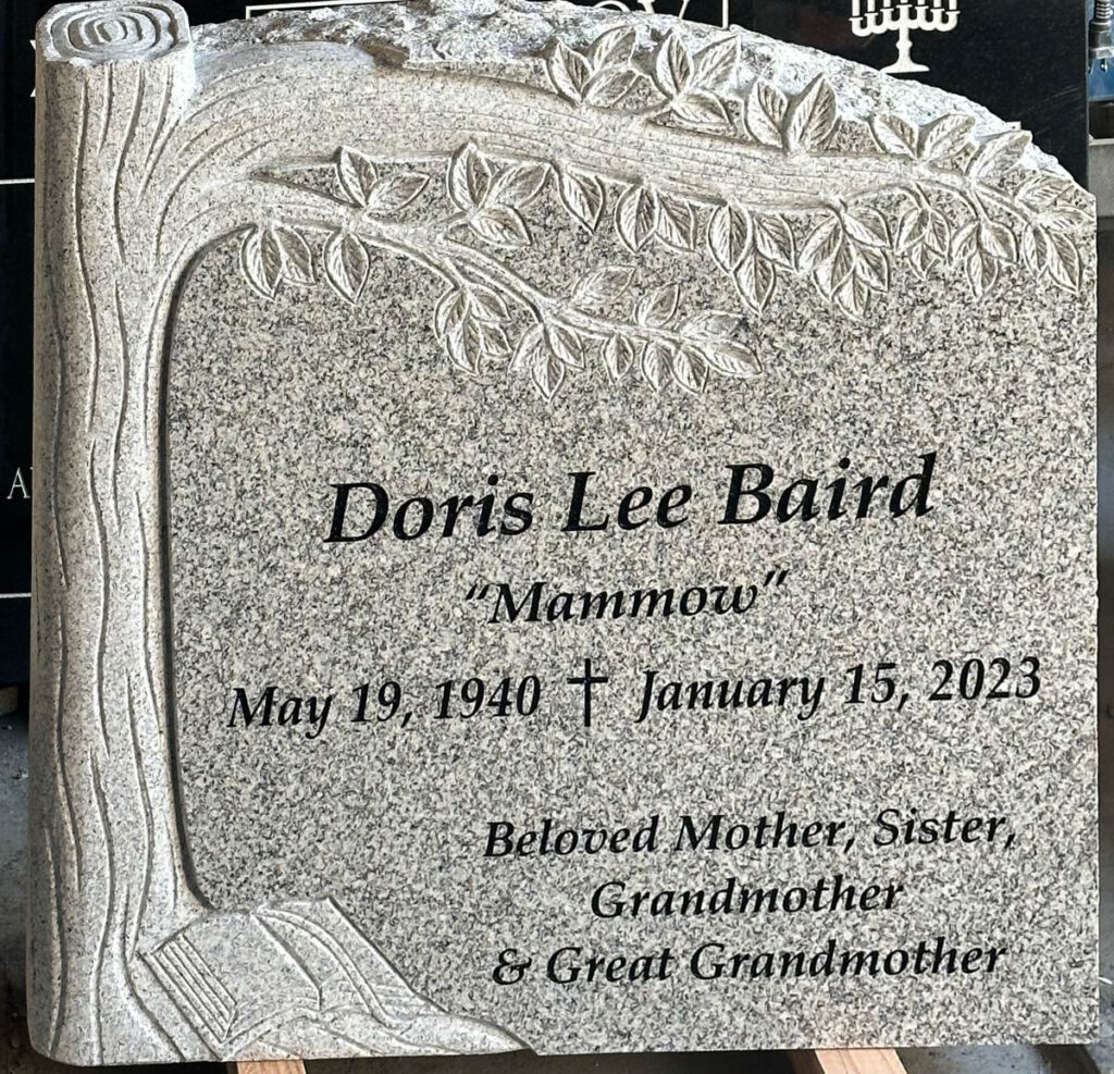 Southern White granite upright monument with sculpted tree and scroll, Baird family, Oak Park Cemetery