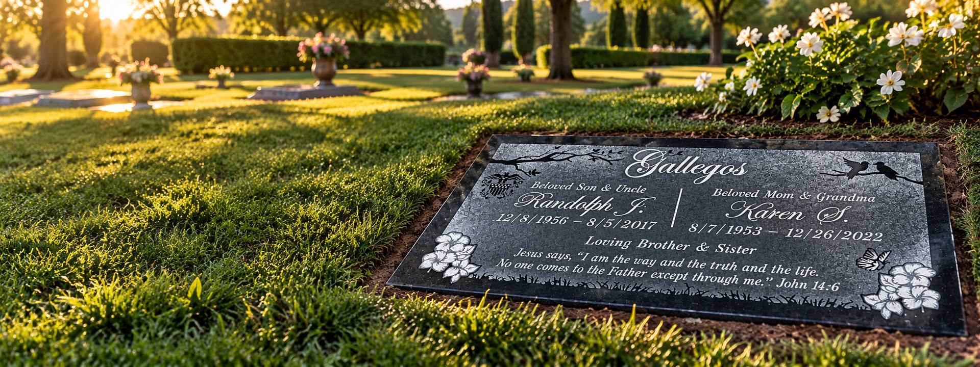 Black granite companion flat marker with birds and flowers at sunset, Bellevue Memorial Park, Ontario