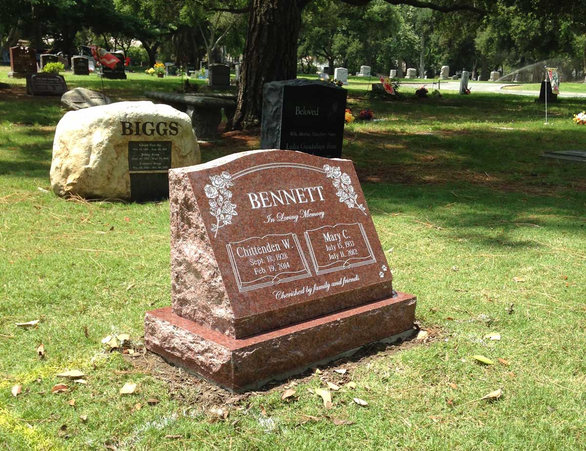 Puritan Rose granite companion slant memorial with open books and roses, Bennett family, Oak Park Cemetery