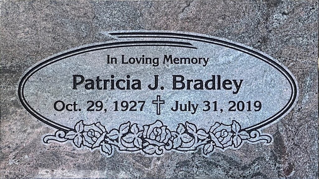 Paradiso granite headstone with oval frame and roses, Bradley family, Evergreen Memorial Park