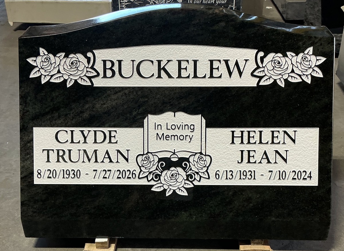 Black granite companion slant memorial with roses and open book, Buckelew family, Oak Park Cemetery