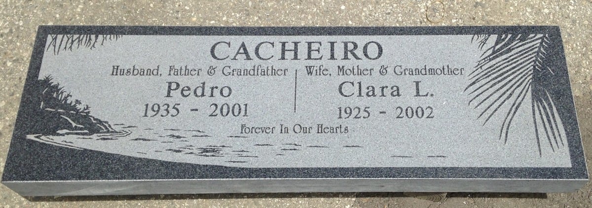 Oxford Regal granite companion grave marker with palm and shoreline, Cacheiro family, Rose Hills Memorial Park
