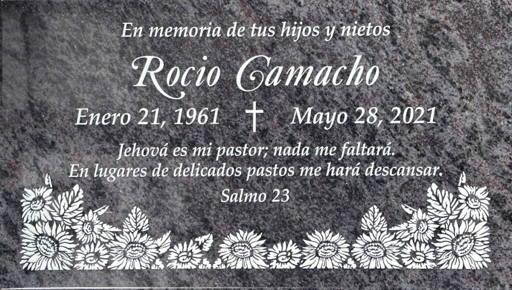 Bahama Blue granite gravestone with sunflowers and cross, Camacho family, Bellevue Memorial Park