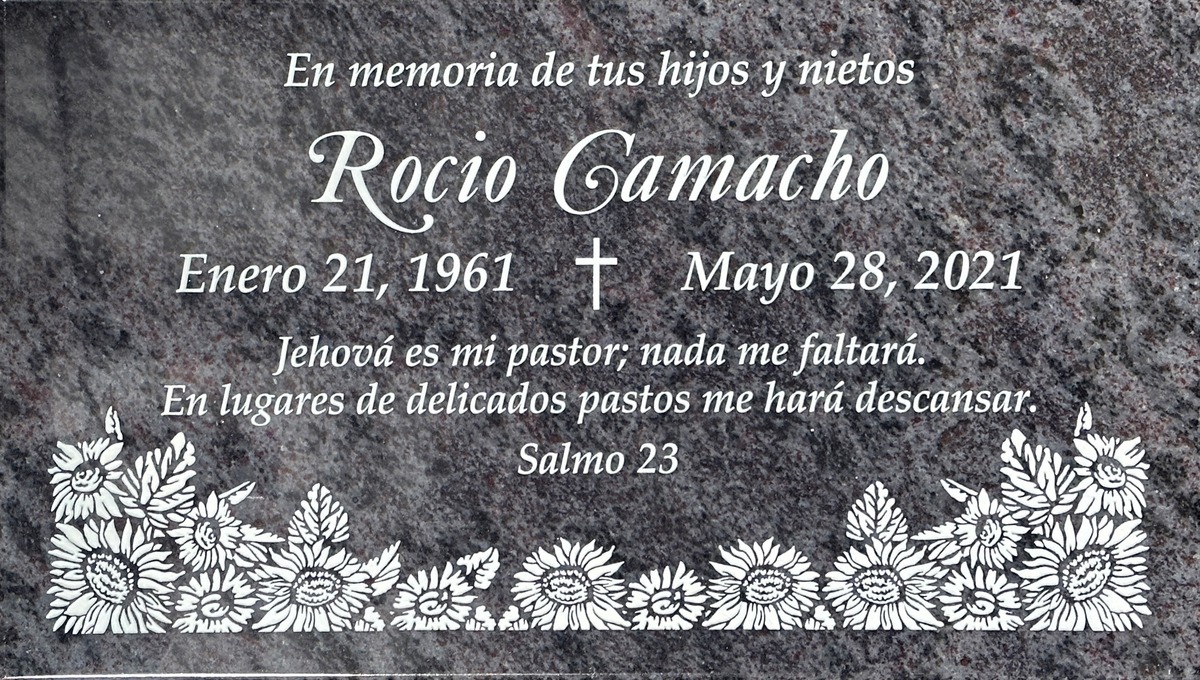 Bahama Blue granite gravestone with sunflowers and cross, Camacho family, Bellevue Memorial Park