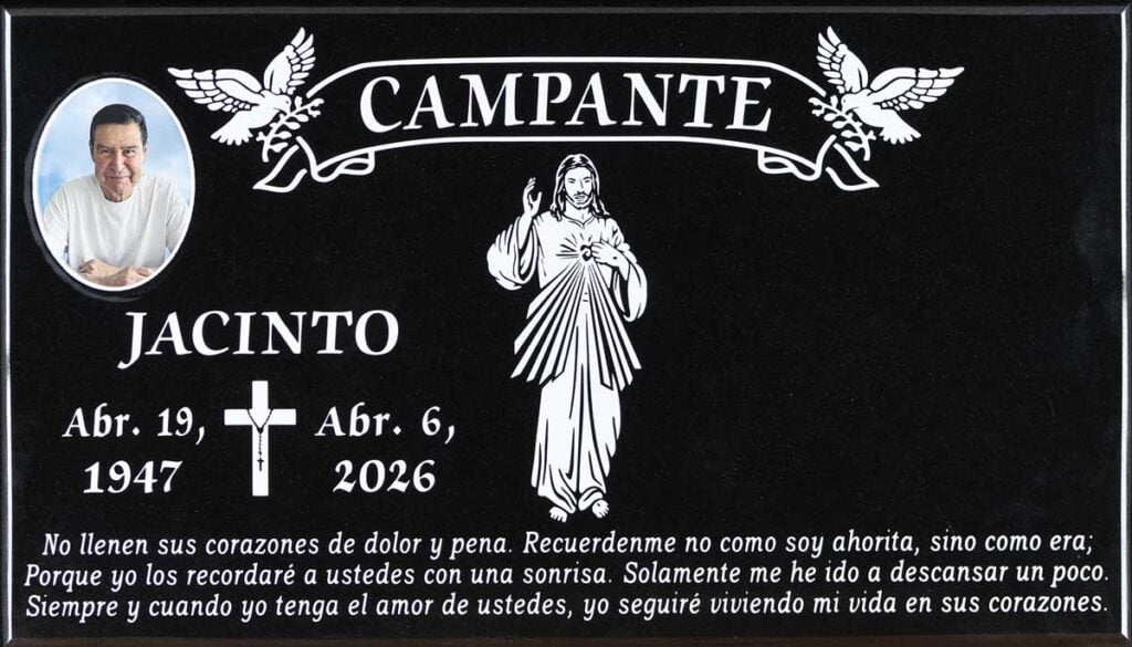 Black granite headstone with divine mercy and doves, Campante family, Queen of Heaven Catholic Cemetery