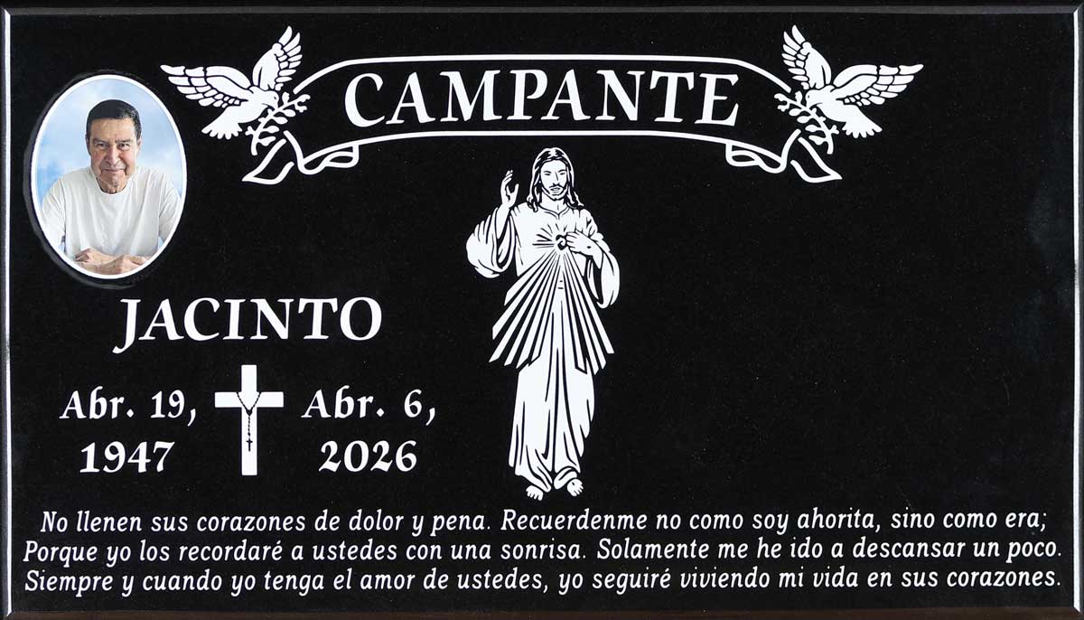 Black granite headstone with divine mercy and doves, Campante family, Queen of Heaven Catholic Cemetery