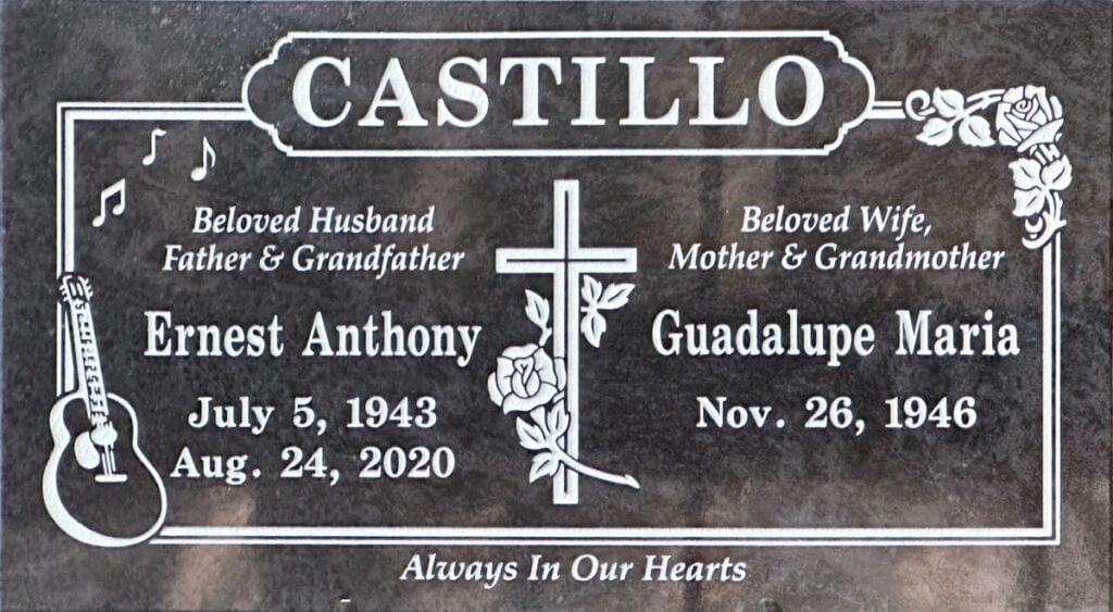 Bahama Blue granite companion memorial stone with guitar cross and rose, Castillo family, Rose Hills Memorial Park