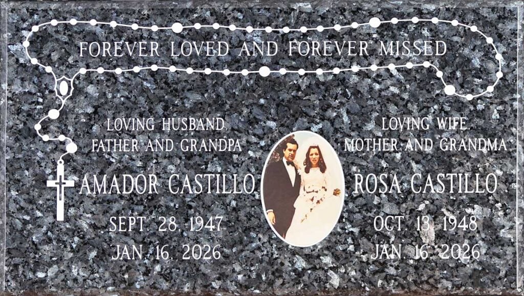 Blue Pearl granite companion headstone with rosary and wedding portrait, Castillo family, Holy Cross Cemetery