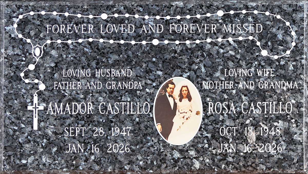 Blue Pearl granite companion headstone with rosary and wedding portrait, Castillo family, Holy Cross Cemetery